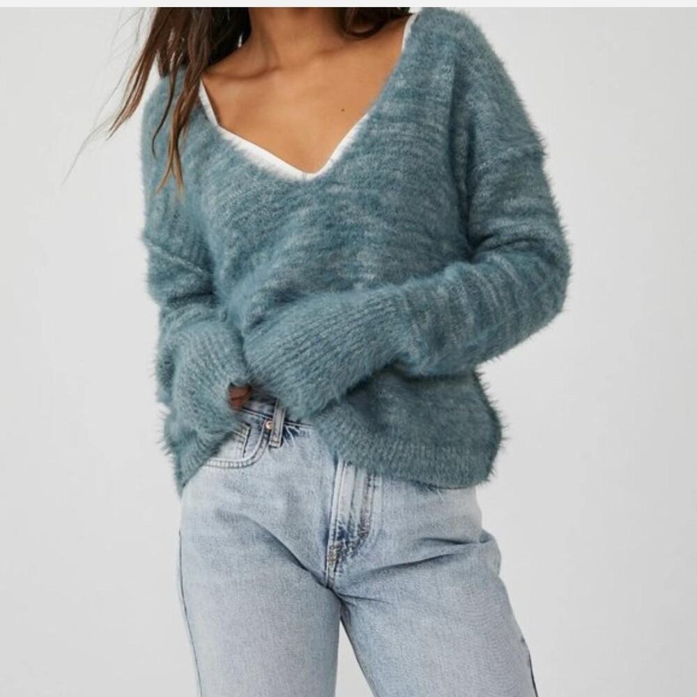 Free People Midnight V-Neck Eyelash Knit Fuzzy Sweater L Dusty Slate Blue